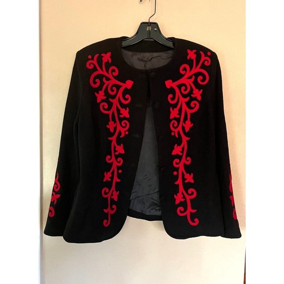 Jacket tailored Collarless Hip length Sz M Wool Blend Black with Red felt Floral - Picture 2 of 16